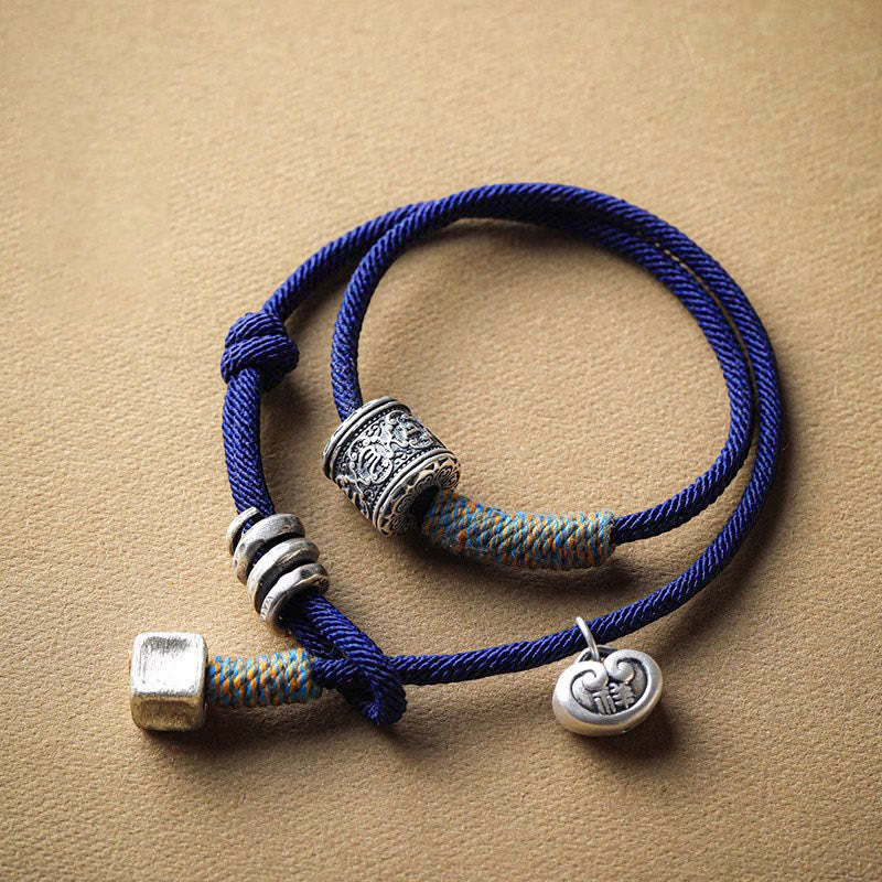 Buddha Stones手作り チベットオーム・マニ・パドメ・フム彫刻 縁起物 お守り ダブルラップ ロープブレスレット