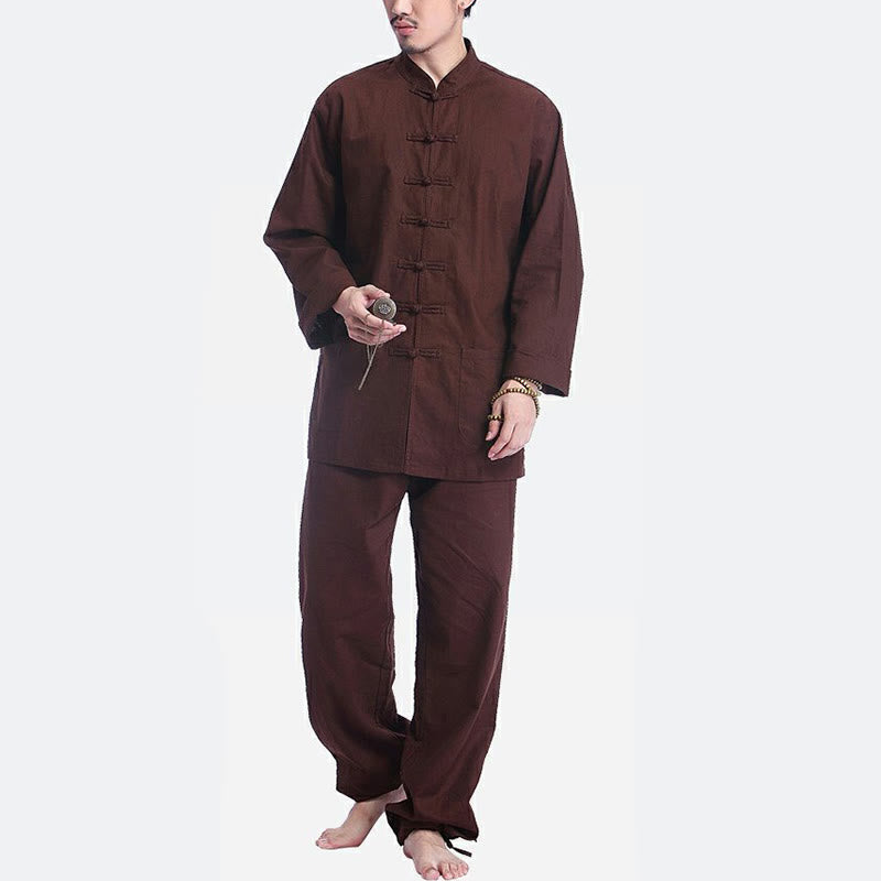Buddha Stones中国風 カエル ボタンデザイン 瞑想 祈り コットン リネン スピリチュアル 禅 練習 ヨガ ウェア メンズ セット - image 14