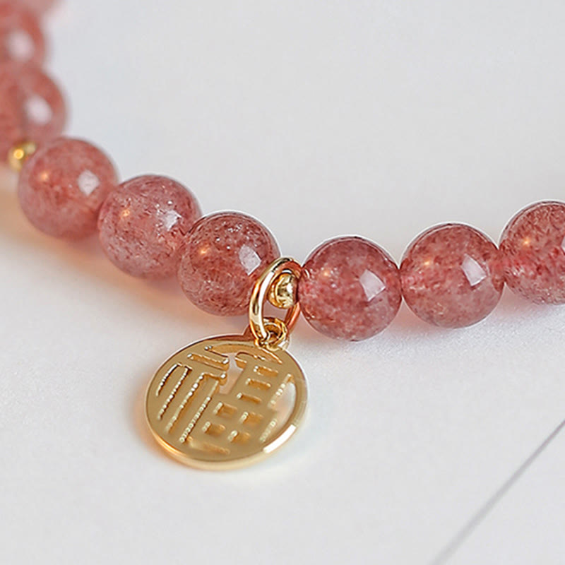 Buddha Stones14Kゴールドメッキ ストロベリークォーツ フーキャラクター ヒーリングチャームブレスレット