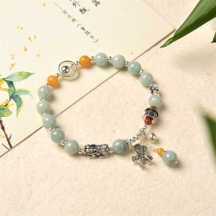 Buddha Stones 925スターリングシルバー 天然翡翠琥珀 貔貅ポニー 成功のブレスレット