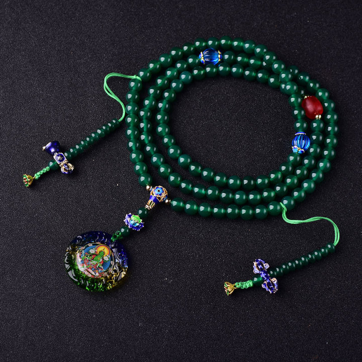 Buddha Stones 108Malaビーズ 天然グリーンアゲート 菩薩 グリーンターラ 顕現チャームブレスレット