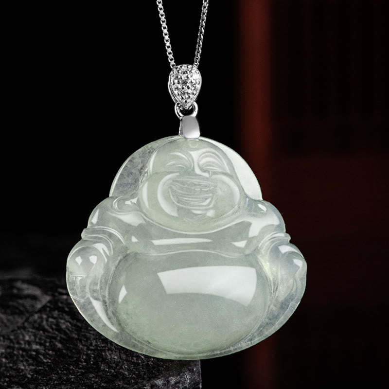 Buddha Stones925スターリングシルバー 天然翡翠 笑い仏 繁栄 豊穣 チェーンネックレス ペンダント