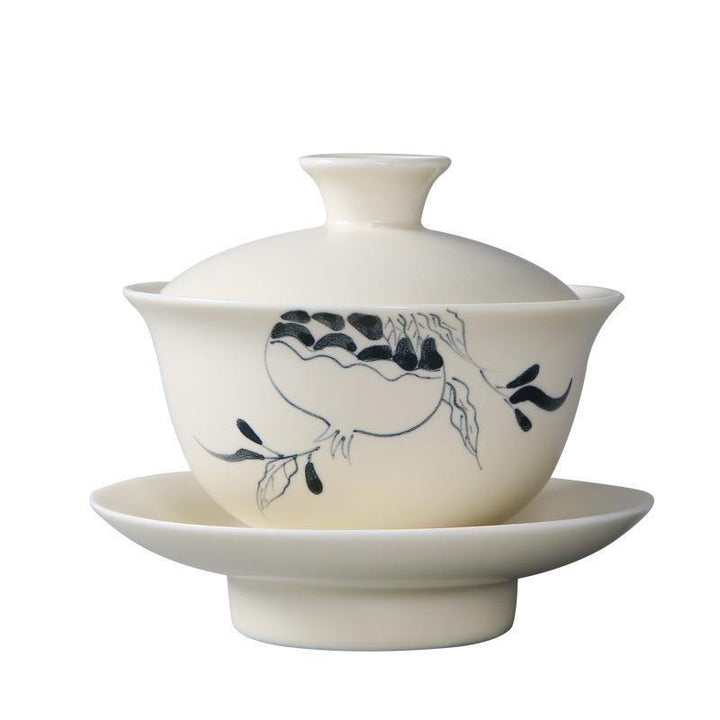 Buddha Stones手描きザクロハイビスカス松蓮陶器蓋碗三彩ティーカップカンフーティーカップ＆ソーサー蓋付き
