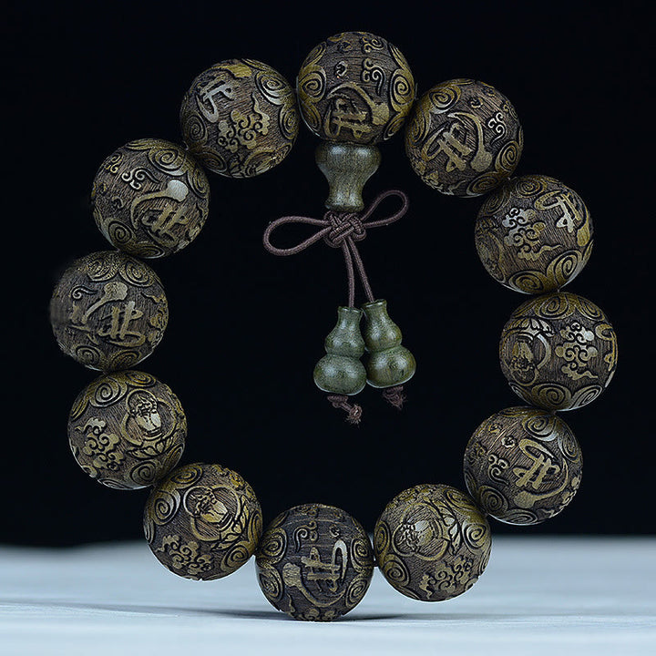 Buddha Stones、中国の十二支、ローズウッド、黒檀、銅貨、貔貅の彫刻、温もりのブレスレット