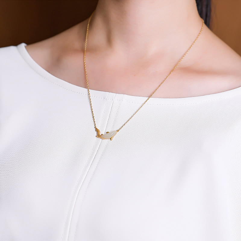 Buddha Stones925スターリングシルバー ホワイトジェイド ドルフィン 幸運のネックレスペンダント