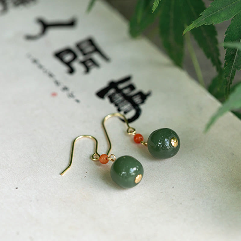 Buddha Stones 925スターリングシルバー 14Kゴールドメッキ 和田翡翠 赤瑪瑙 幸運の雫 ダングルイヤリング