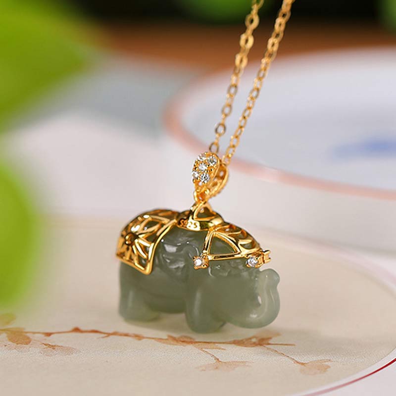 Buddha Stones925スターリングシルバー 翡翠象の幸運の祝福ネックレスチェーンペンダント