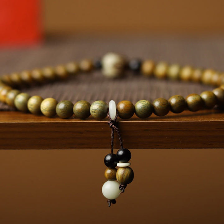 Buddha Stonesグリーンサンダルウッド 菩提樹の種子 蓮 癒しのダブルラップブレスレット