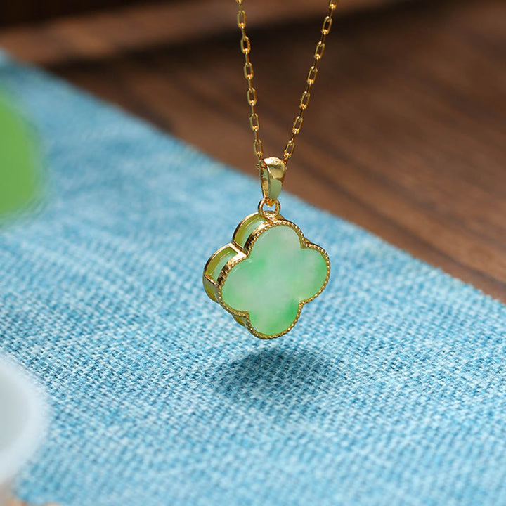 Buddha Stones 四つ葉のクローバー ジェイド風 幸運ネックレス