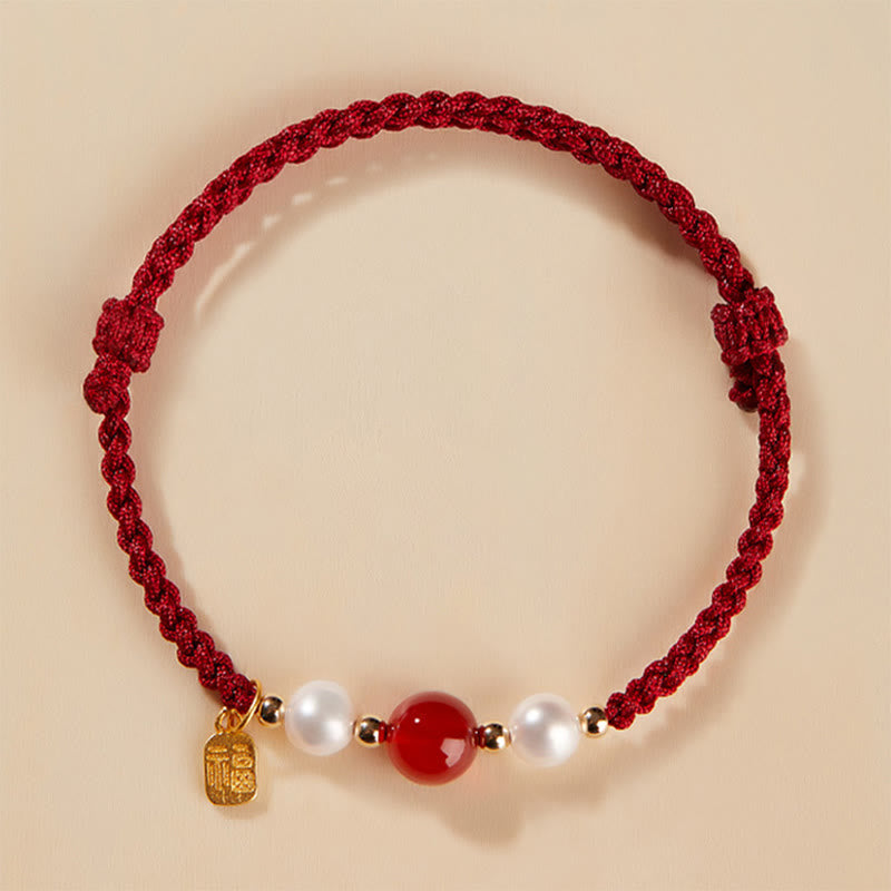 Buddha Stones925 スターリングシルバー 幸運の福の文字瑪瑙真珠 赤い紐編みブレスレット