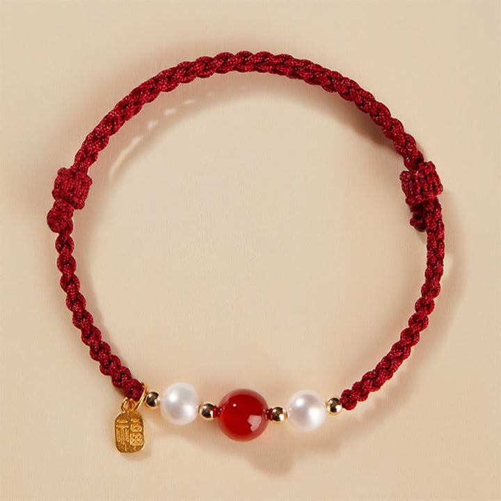 Buddha Stones925 スターリングシルバー 幸運の福の文字瑪瑙真珠 赤い紐編みブレスレット