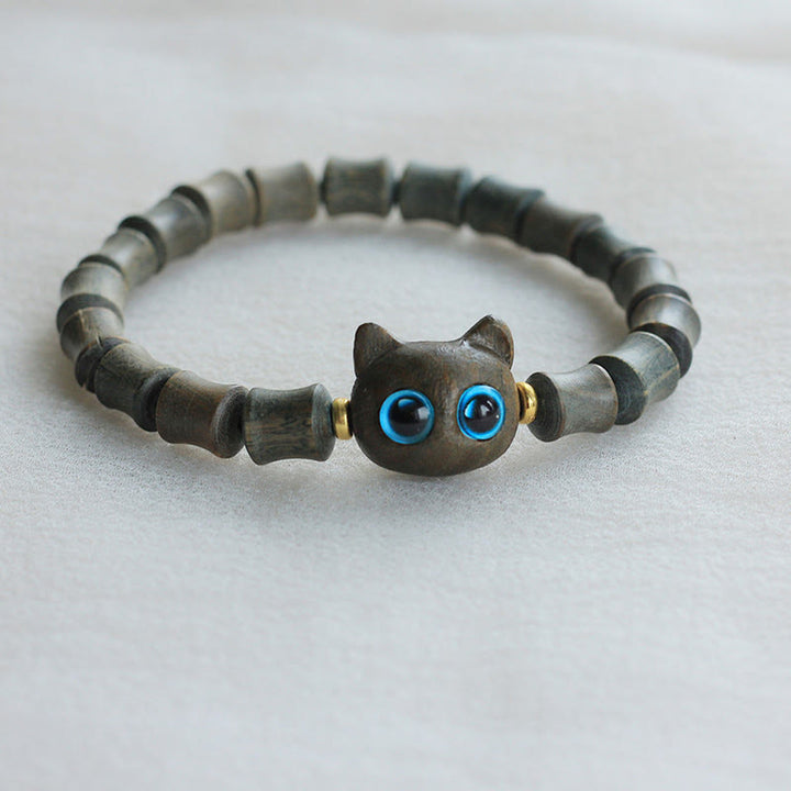 Buddha Stones、黒檀、緑白檀、かわいい猫の平和ブレスレット
