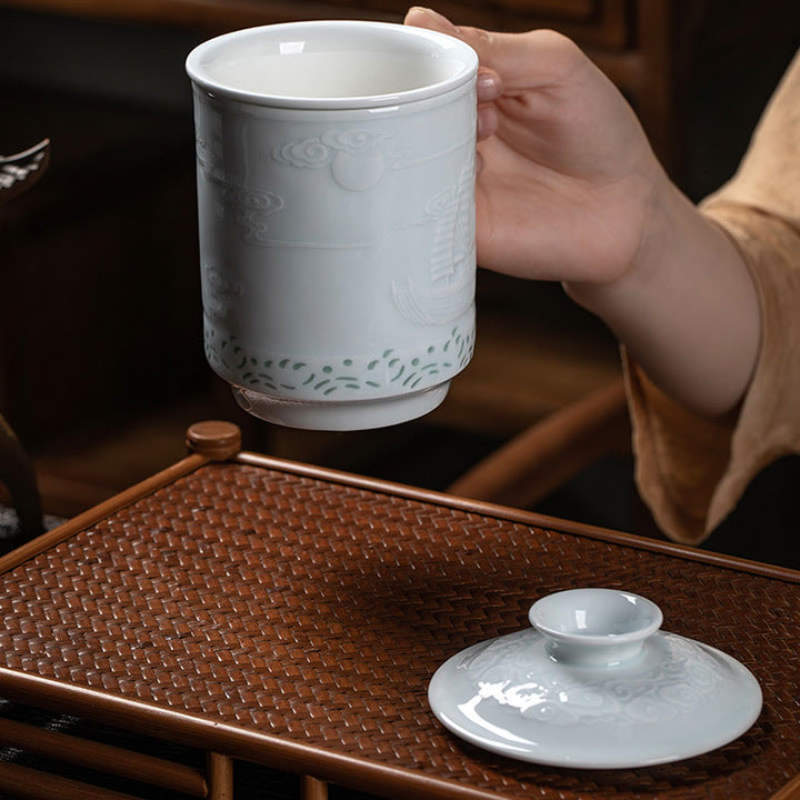 Buddha Stones玲瓏 磁器 縁起の良い龍鳳凰船 順風満帆 陶器 ティーカップ オフィス ティーカップ 420ml