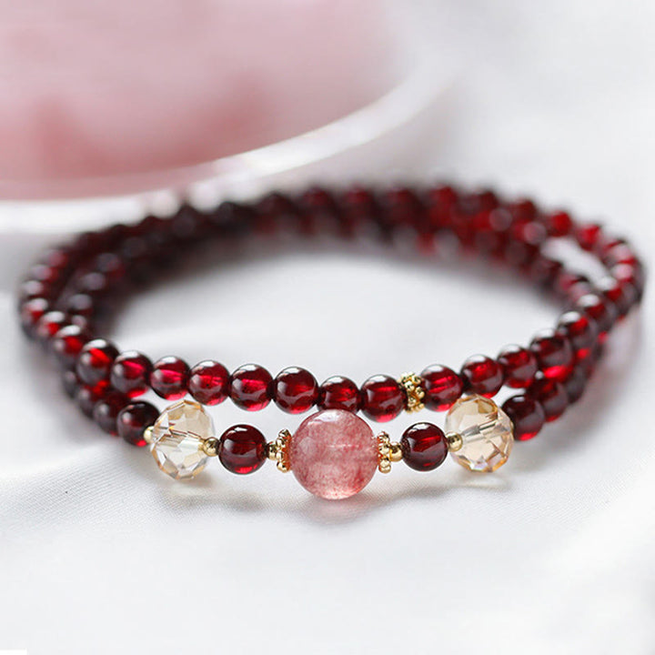 Buddha Stones 14Kゴールドメッキ 天然ガーネット ストロベリークォーツ スタビリティ ダブルラップブレスレット