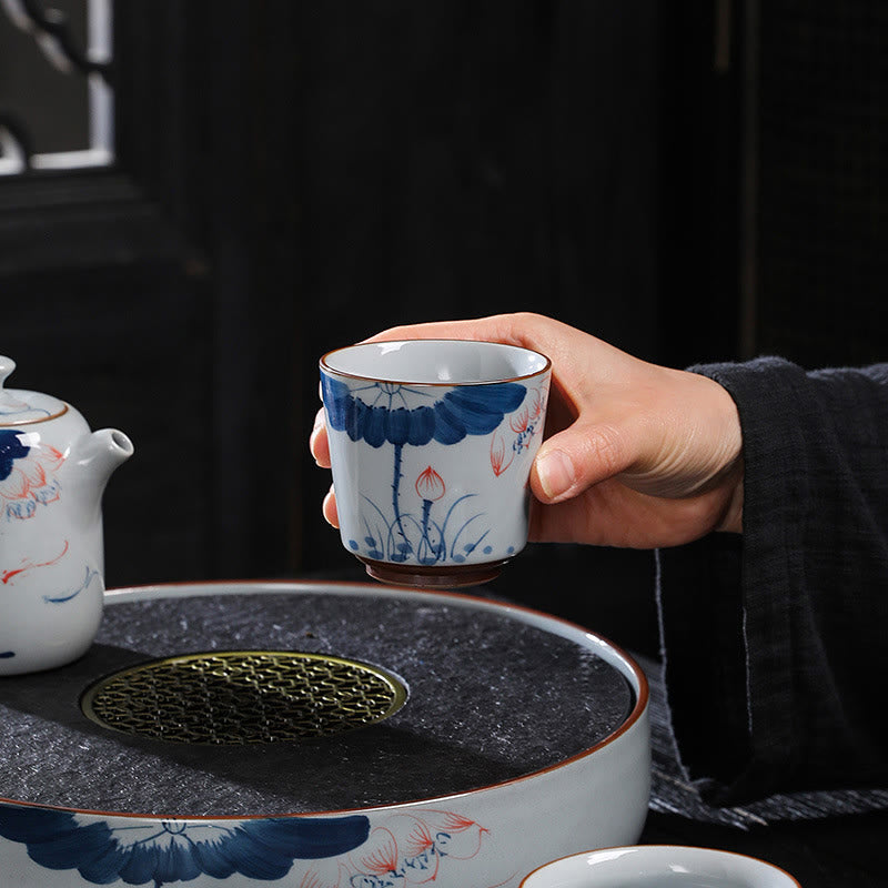Buddha Stones、蓮の花の葉、竹製陶器のティーカップ、カンフーティーカップ