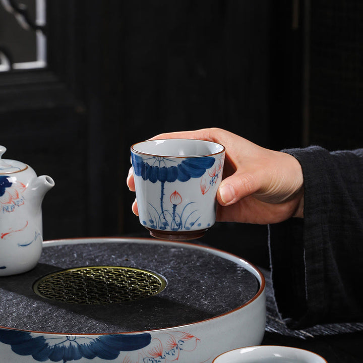 Buddha Stones、蓮の花の葉、竹製陶器のティーカップ、カンフーティーカップ