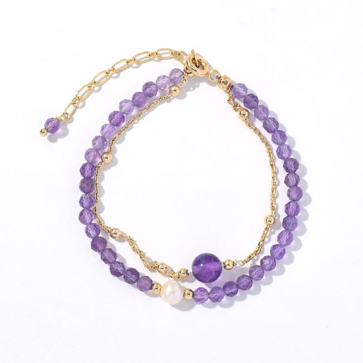 Buddha Stones14Kゴールドメッキ アメジストクリスタル ヒーリング ダブルレイヤーチェーンブレスレット