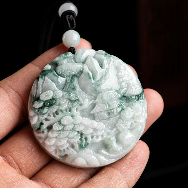 Buddha Stones、山の風景、翡翠の豊かさの紐ネックレス