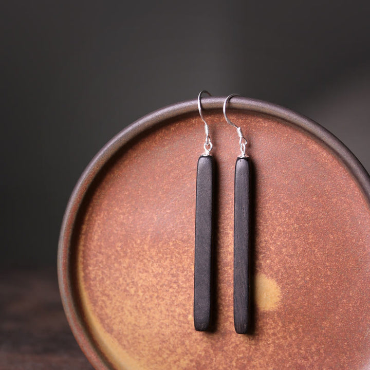 Buddha Stones925スターリングシルバー エボニーウッドテクスチャ バランスピースドロップダングルイヤリング