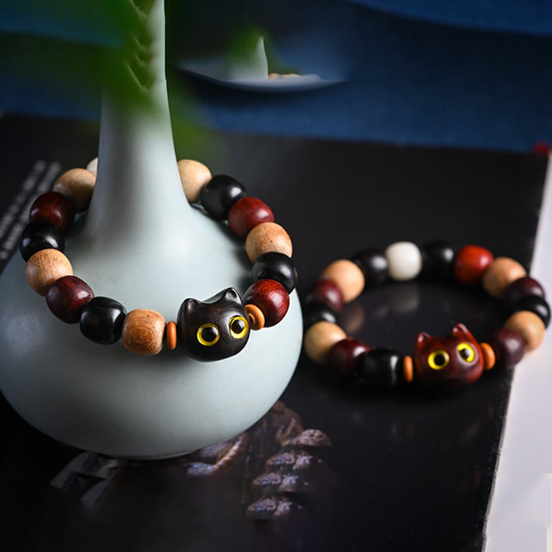Buddha Stones小葉紫檀黒檀かわいい猫 彫刻守護ブレスレット - image 20