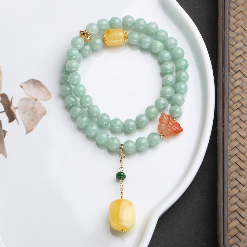 Buddha Stones925スターリングシルバー 天然翡翠 アンバー バタフライ 幸運の豊かさのブレスレット