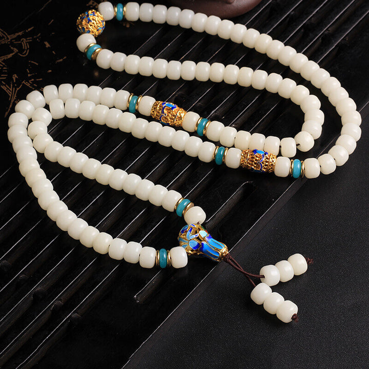 Buddha Stones天然ホワイト菩提樹の種子Mala108ビーズ 富のブレスレット