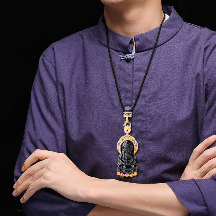 Buddha Stones天然黒翡翠 観音菩薩 富の象徴 チタン鋼 チェーンネックレス ペンダント - image 8