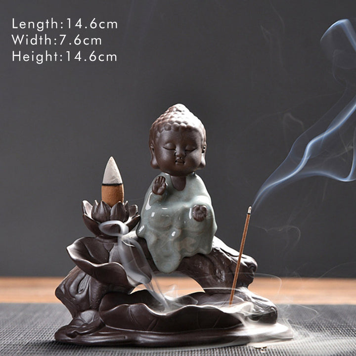 Buddha Stones小さな僧侶 陶器 蓮の祝福 香炉 装飾
