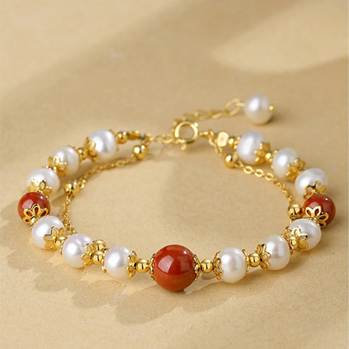 Buddha Stones925スターリングシルバー パール シナバー ウィズダムビーズ ダブルレイヤーチェーンブレスレット