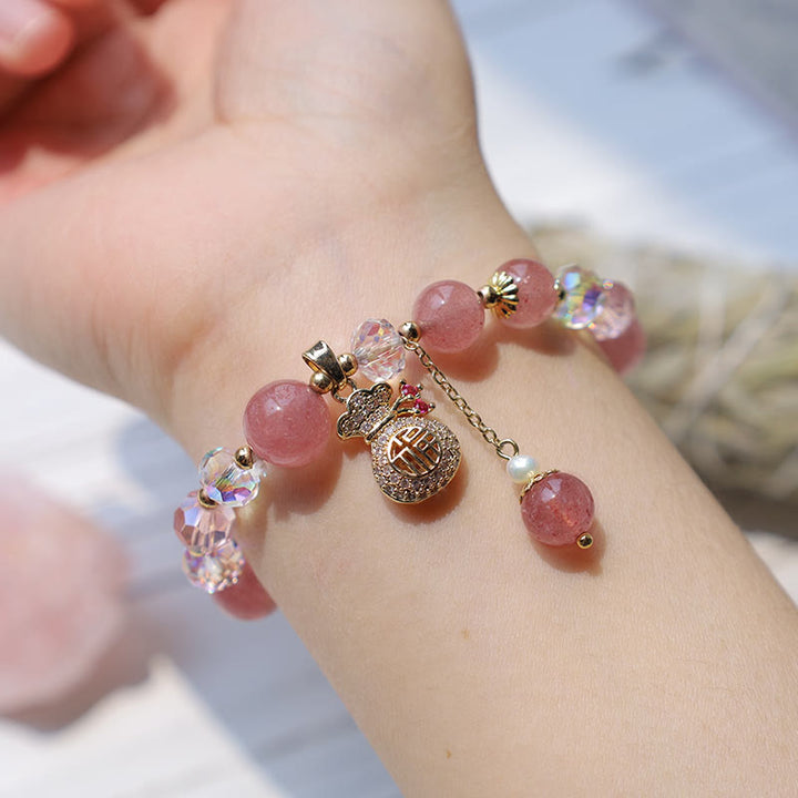 Buddha Stones 天然ストロベリークォーツ マネーバッグチャーム付き ポジティブブレスレット