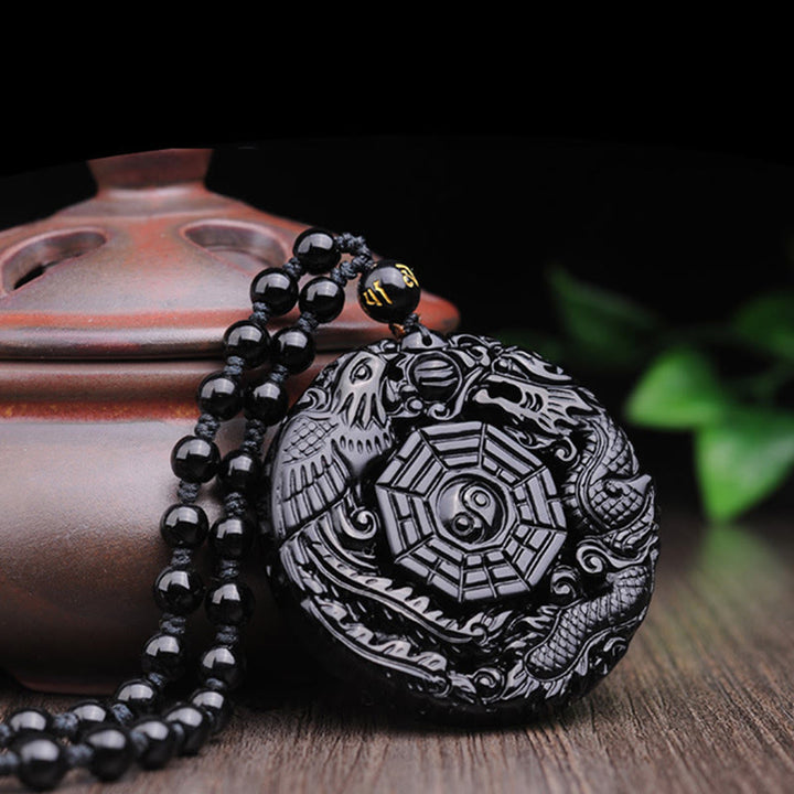 Buddha Stones八卦龍鳳凰黒曜石成就ペンダントネックレス - image 5