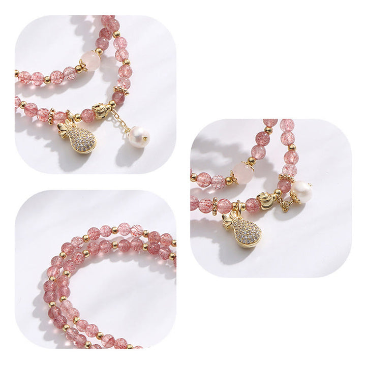 Buddha Stonesストロベリークォーツ マネーバッグ ポジティブチャーム ダブルラップブレスレット