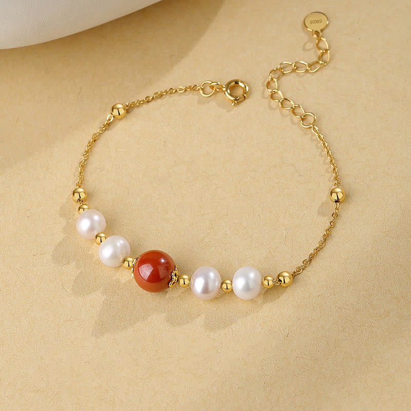 Buddha Stones925スターリングシルバー パール シナバー ヒーリングビーズチェーンブレスレット