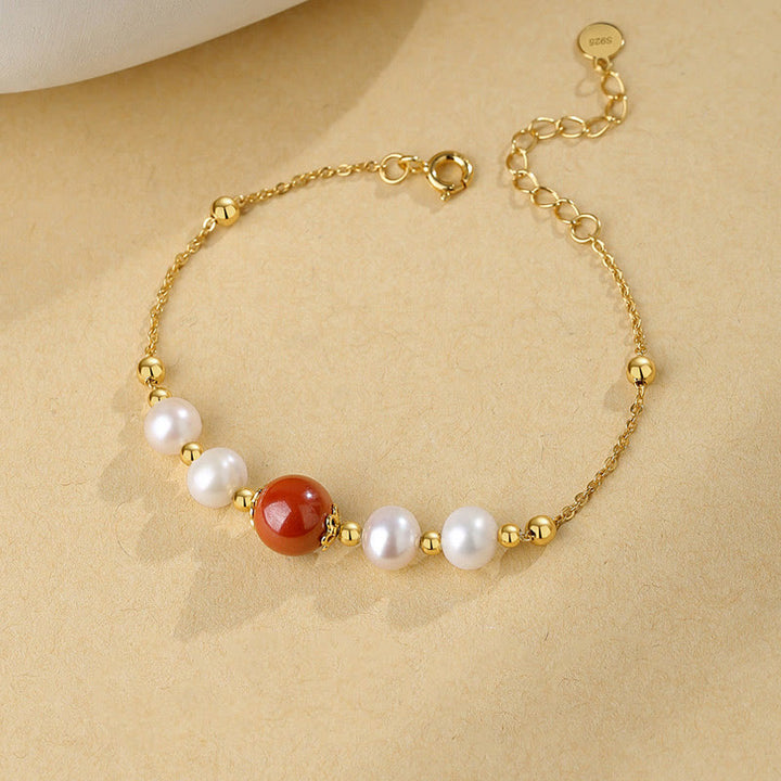 Buddha Stones925スターリングシルバー パール シナバー ヒーリングビーズチェーンブレスレット