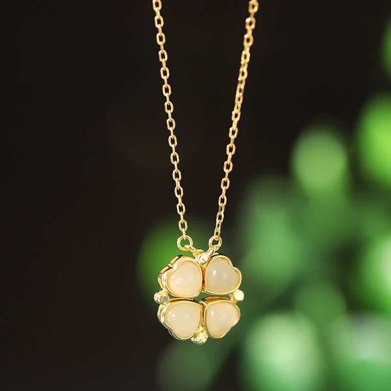 Buddha Stones925スターリングシルバー 四つ葉のクローバー ホワイトジェイド レッドアゲート 豊穣のネックレスペンダント
