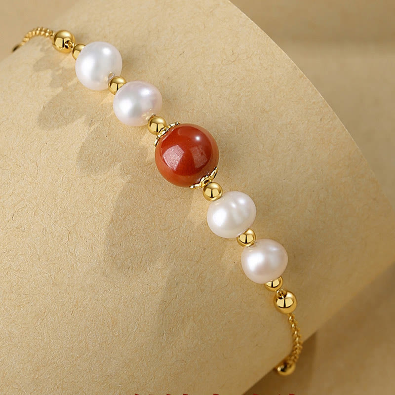 Buddha Stones925スターリングシルバー パール シナバー ヒーリングビーズチェーンブレスレット
