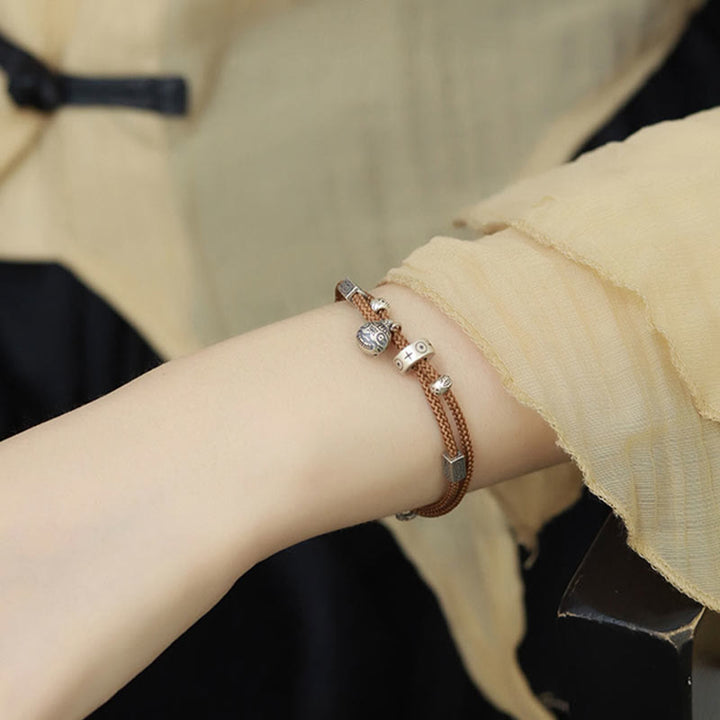 Buddha Stones925 スターリングシルバー ゴールド 呑み込む獣 鯉 富 手作り 編み込みブレスレット