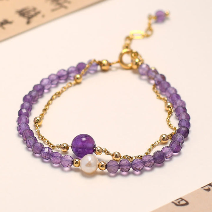 Buddha Stones14Kゴールドメッキ アメジストクリスタル ヒーリング ダブルレイヤーチェーンブレスレット