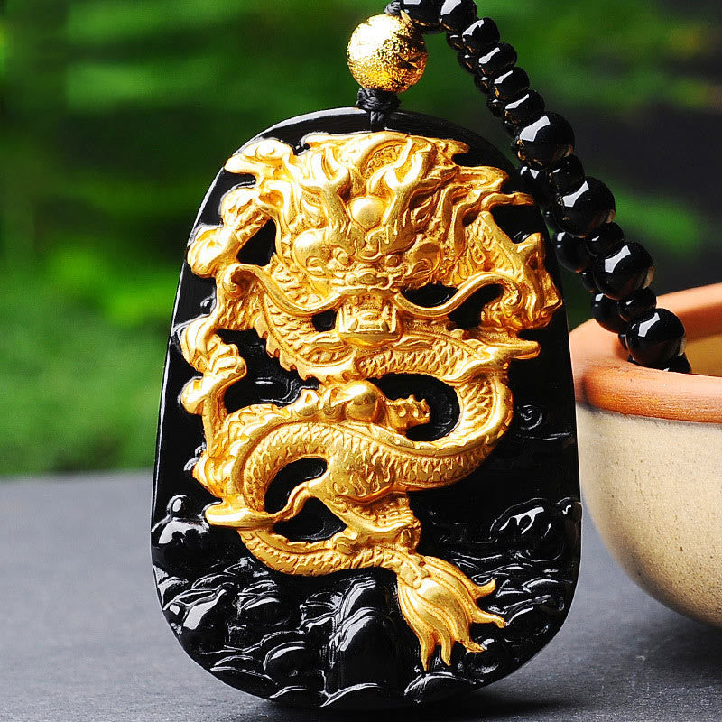 Buddha Stones18Kゴールドメッキ ドラゴンオブシディアン ラッキーペンダントネックレス - image 1