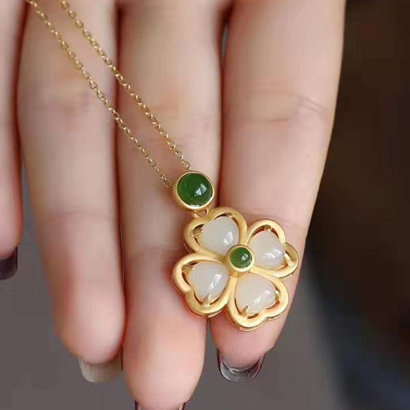 Buddha Stones925スターリングシルバー 幸運の四つ葉のクローバー 翡翠 繁栄のネックレスチェーンペンダント