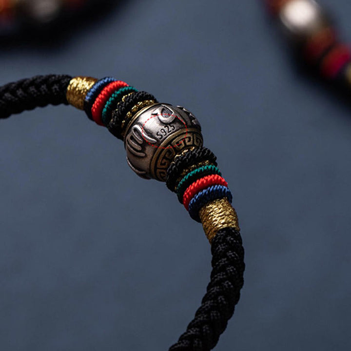 Buddha Stones925 スターリングシルバー チベット ハンドメイドオーム・マニ・パドメ・フム幸運の守護 キングコングノット 編み込みブレスレット