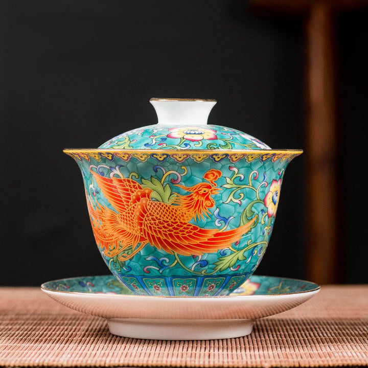 Buddha Stones龍鳳凰花デザイン陶器蓋碗三彩ティーカップカンフーティーカップ＆ソーサー蓋付き