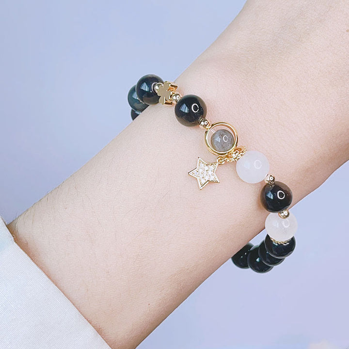 Buddha Stones天然銀光沢黒曜石 ラブハート スターフラワー 守護ブレスレット