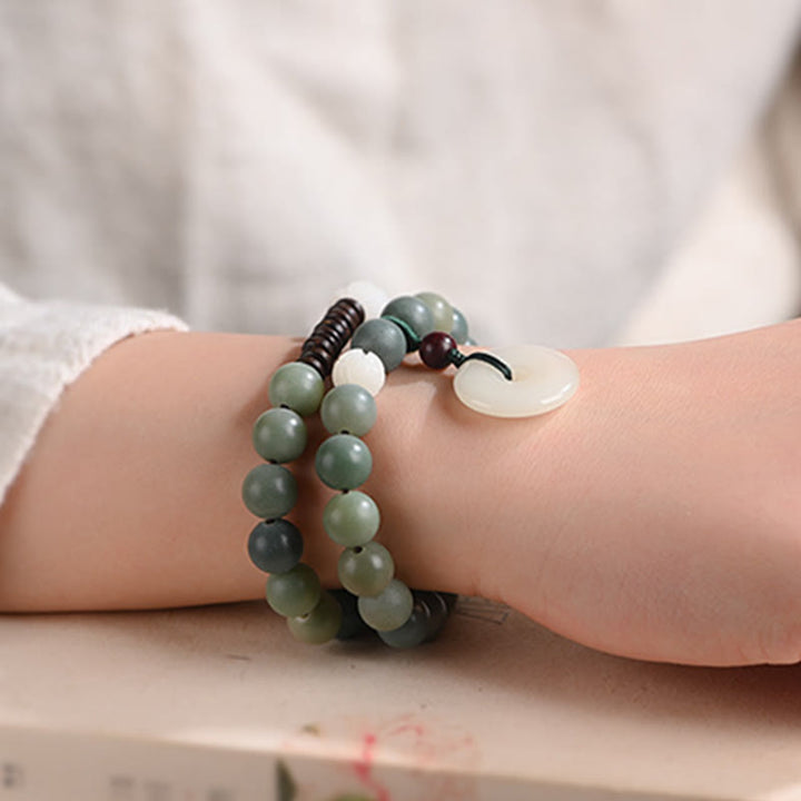 Buddha Stonesシアン菩提樹の種子 蓮の翡翠 平和バックル ウィズダム ダブルラップブレスレット