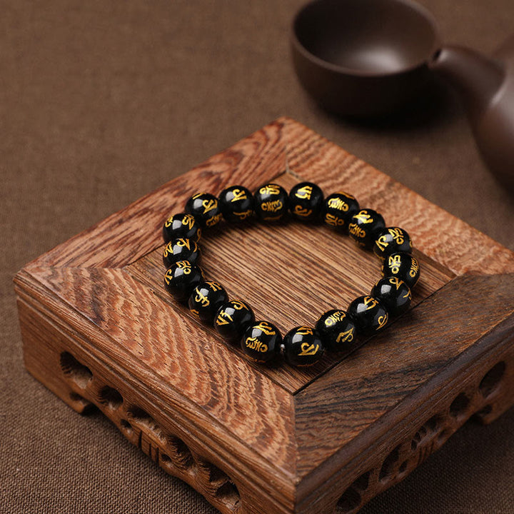 Buddha Stonesチベット ホワイトクリスタル ブラックオニキスオーム・マニ・パドメ・フム瞑想ブレスレット