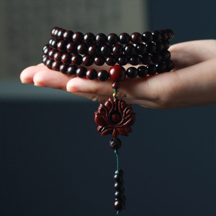 Buddha Stonesチベット小葉紅檀蓮Malaバランスブレスレット