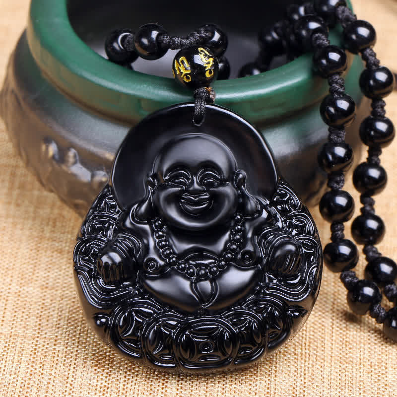 Buddha Stones笑う仏陀 黒曜石 強さと守護のペンダントネックレス - ブラックオブシディアン - image 1