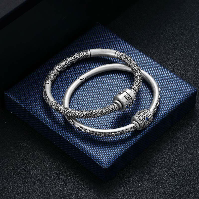 Buddha Stones990 スターリングシルバー チベットの吉兆の雲オーム・マニ・パドメ・フム彫刻 創造性 ブレスレット バングル
