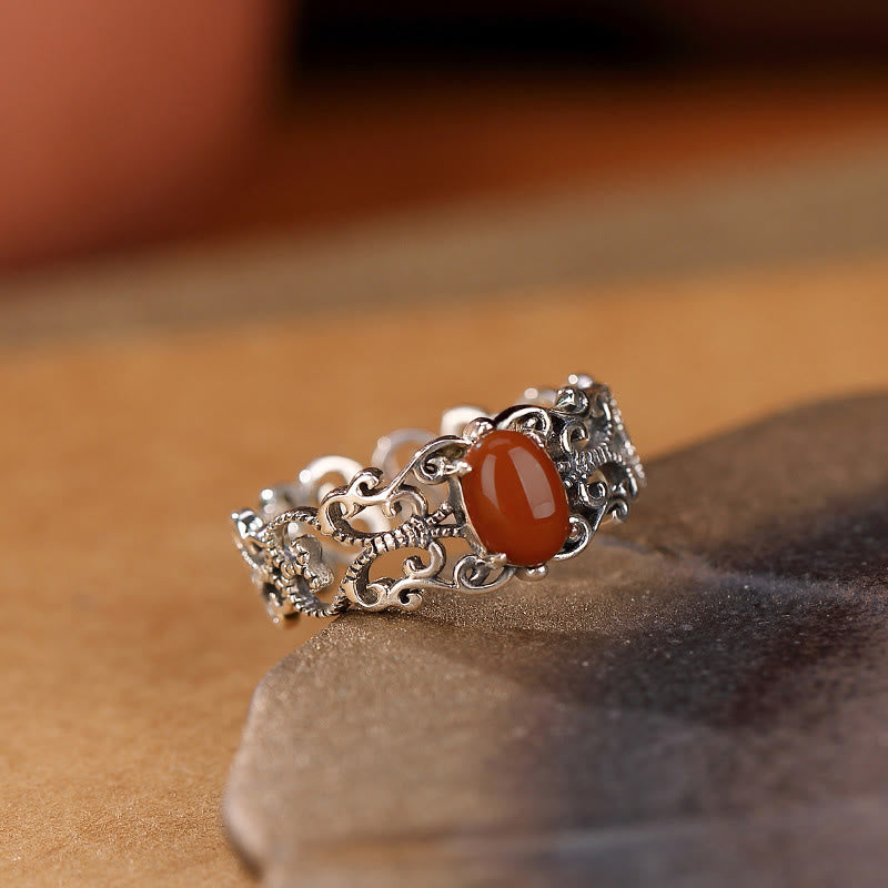 Buddha Stones925スターリングシルバー ヴィンテージ レッドアゲート 自己受容 穏やかリング