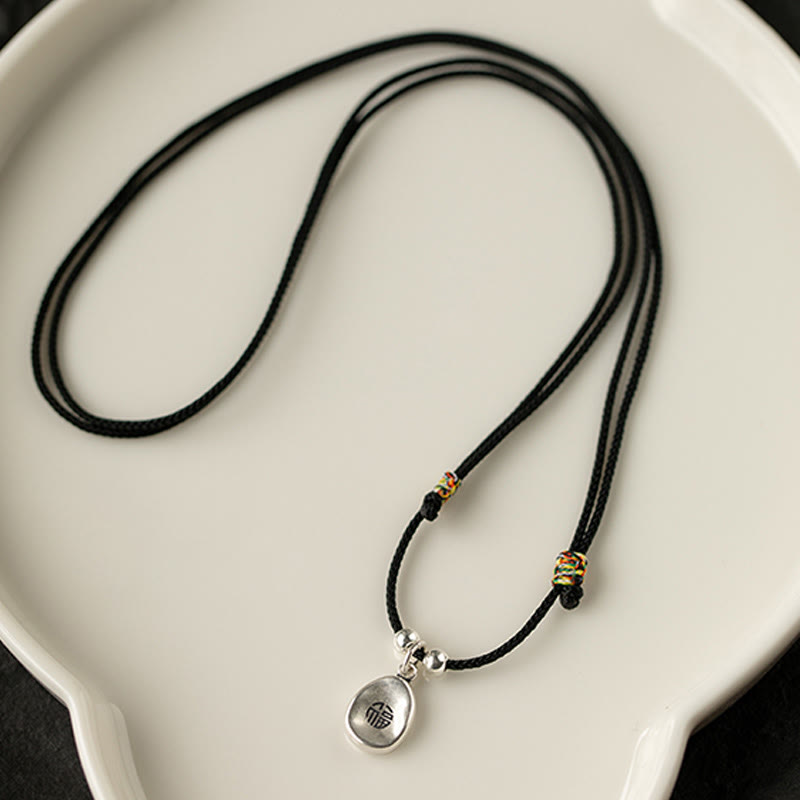 Buddha Stones999スターリングシルバー 平和と喜び 福の字 幸運 925スターリングシルバー チェーンネックレスペンダント